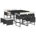 vidaXL 9 Piece Patio Dining Set with Cushions - Black Poly Rattan, Glass Top Table, Foldable Chairs, Stools for Garden, Patio, Backyard