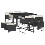vidaXL 9 Piece Patio Dining Set with Cushions - Black Poly Rattan, Glass Top Table, Foldable Chairs, Stools for Garden, Patio, Backyard