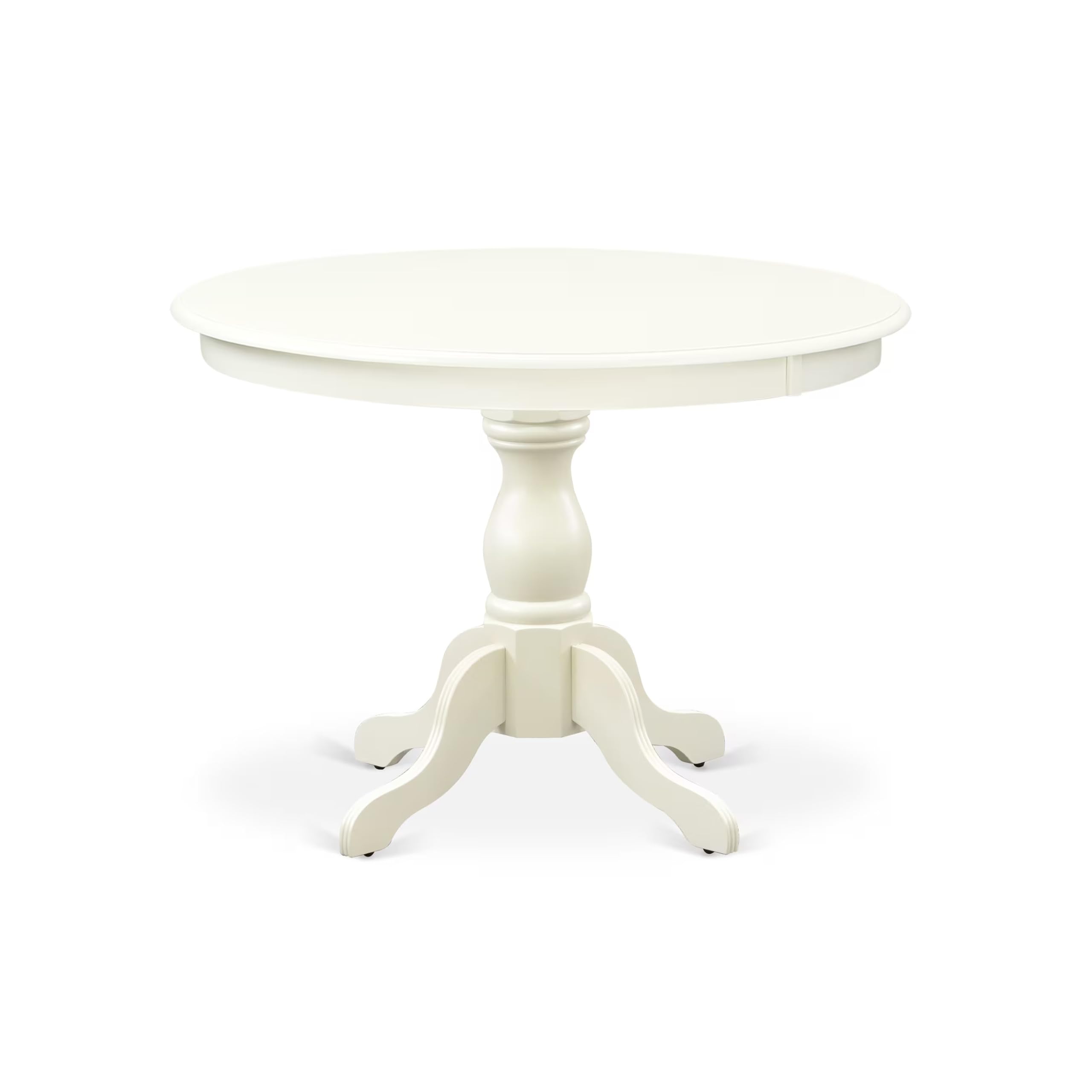 East West Furniture HBAB3-LWH-64 3 Piece Dining Room Table Set Contains a Round Kitchen Table with Pedestal and 2 White Faux Leather Parson Dining Chairs, 42x42 Inch, Linen White