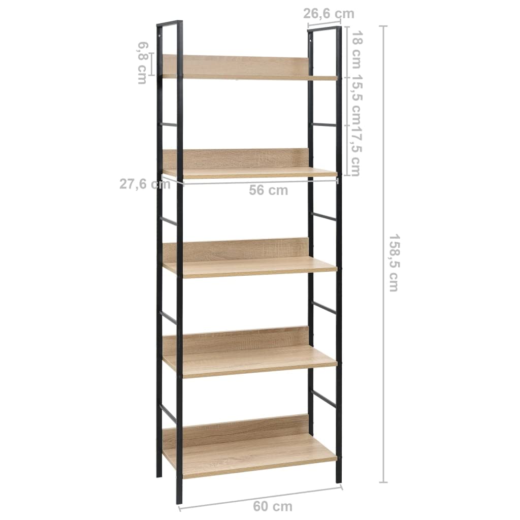 vidaXL Versatile 5-Layer Book Shelf in Oak and Black - Engineered Wood and Steel - Compact Design for Maximum Space Utilization - Easy to Assemble