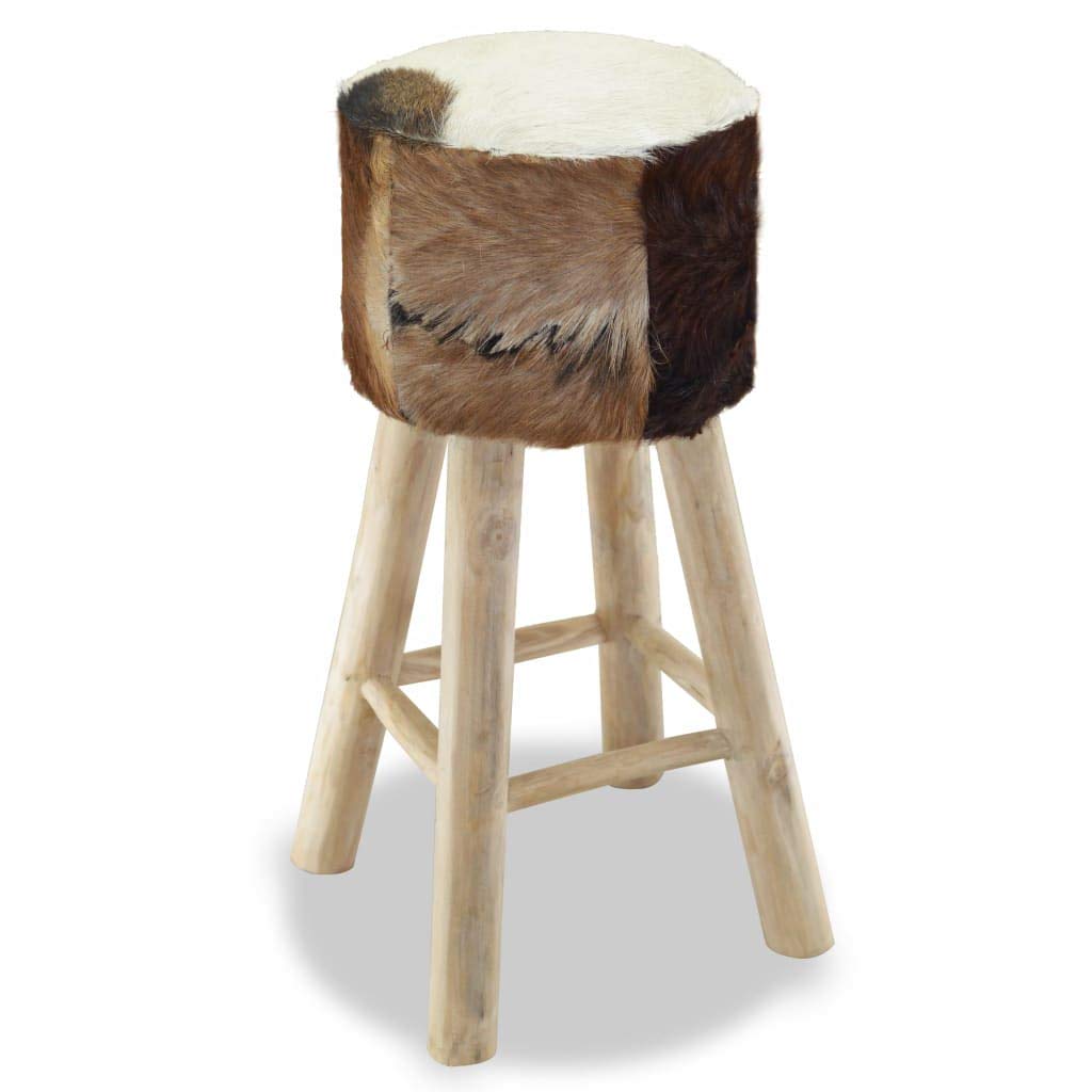 vidaXL Handmade Bar Stool with Genuine Goat Leather Seat and Solid Teak Wood Frame - Rustic Brown, Scandinavian Style, Ideal for Home and Commercial Settings
