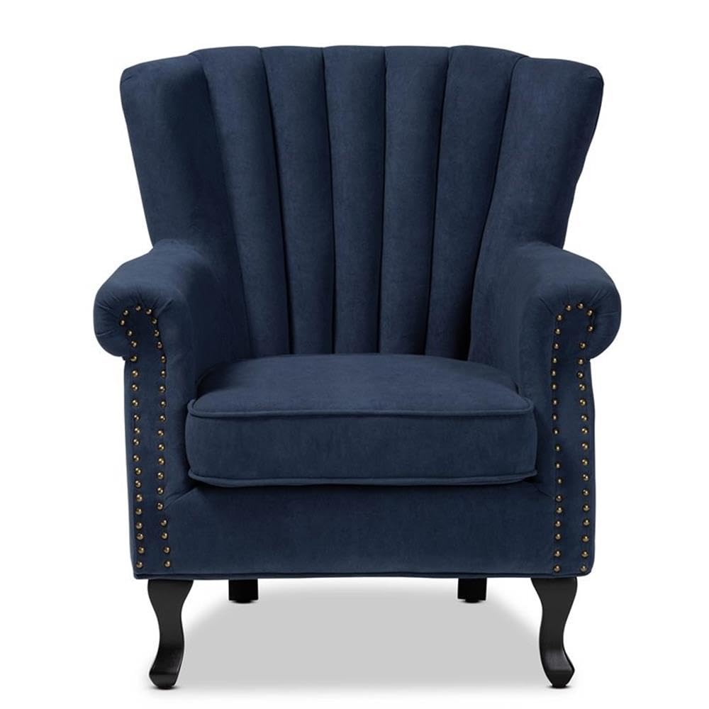 Baxton Studio Relena Classic and Traditional Navy Blue Velvet Fabric Upholstered and Dark Brown Finished Wood Armchair,30.9 x 32.3 x 34.3