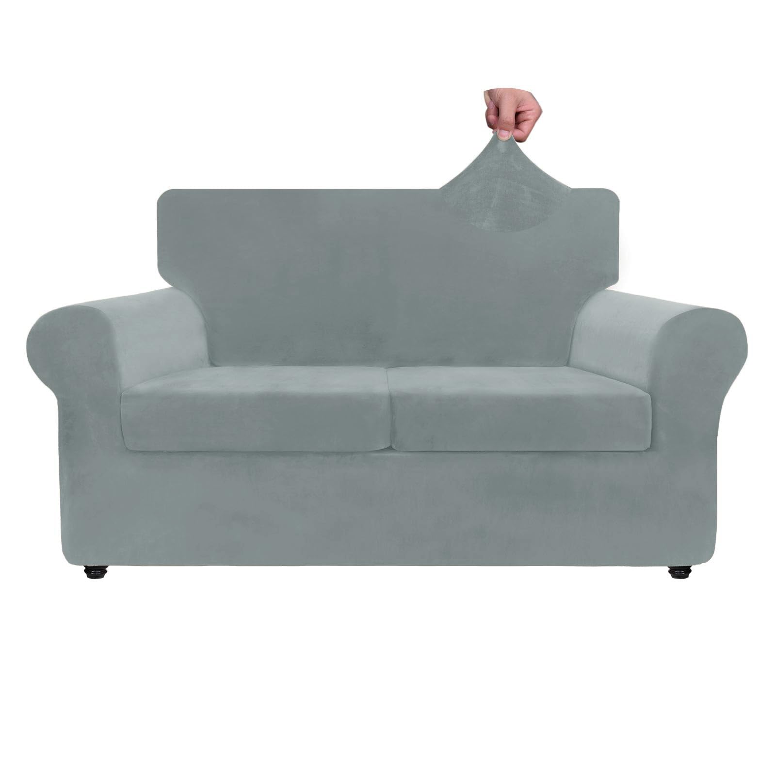 Znsayotx Luxury Velvet Sofa Cover 3 Piece (57'-70') Stretch Loveseat Covers For 2 Cushion Couch Thick Soft Couch Slipcover With Non Slip Strap, Dog Pet Friendly Nice Furniture Protector (Light Grey)