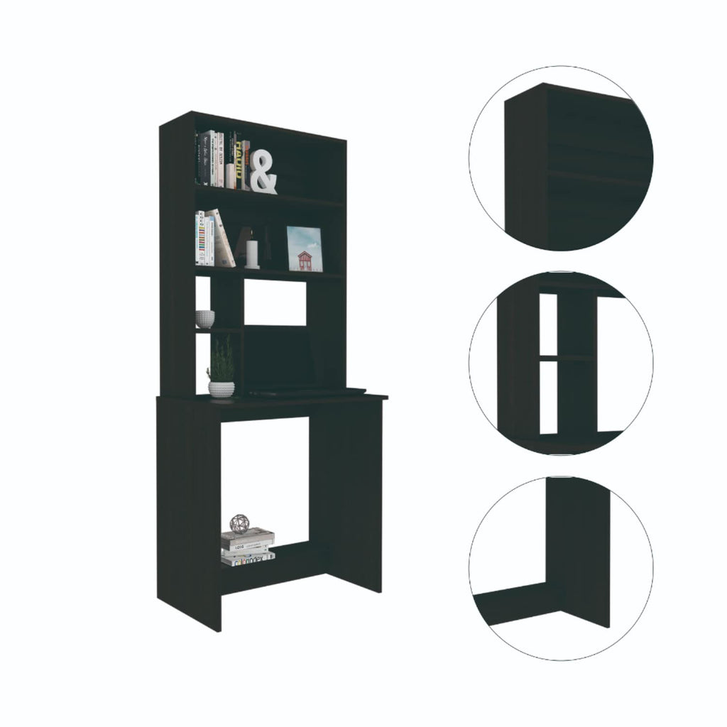 Xalo Computer Hutch Desk, Lower Shelf, 4 Shelves, Black