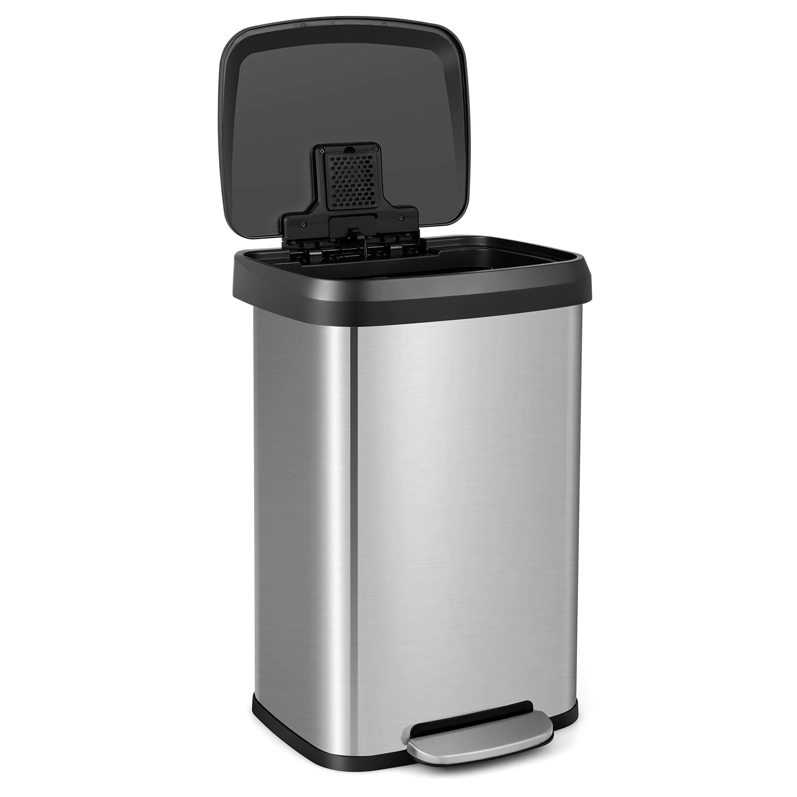 TANGZON 50L Recycling Pedal Bin, Stainless Steel Kitchen Bin with Removable Bucket, Soft Close Lid, Handle & Non-Slip Base, Fing
