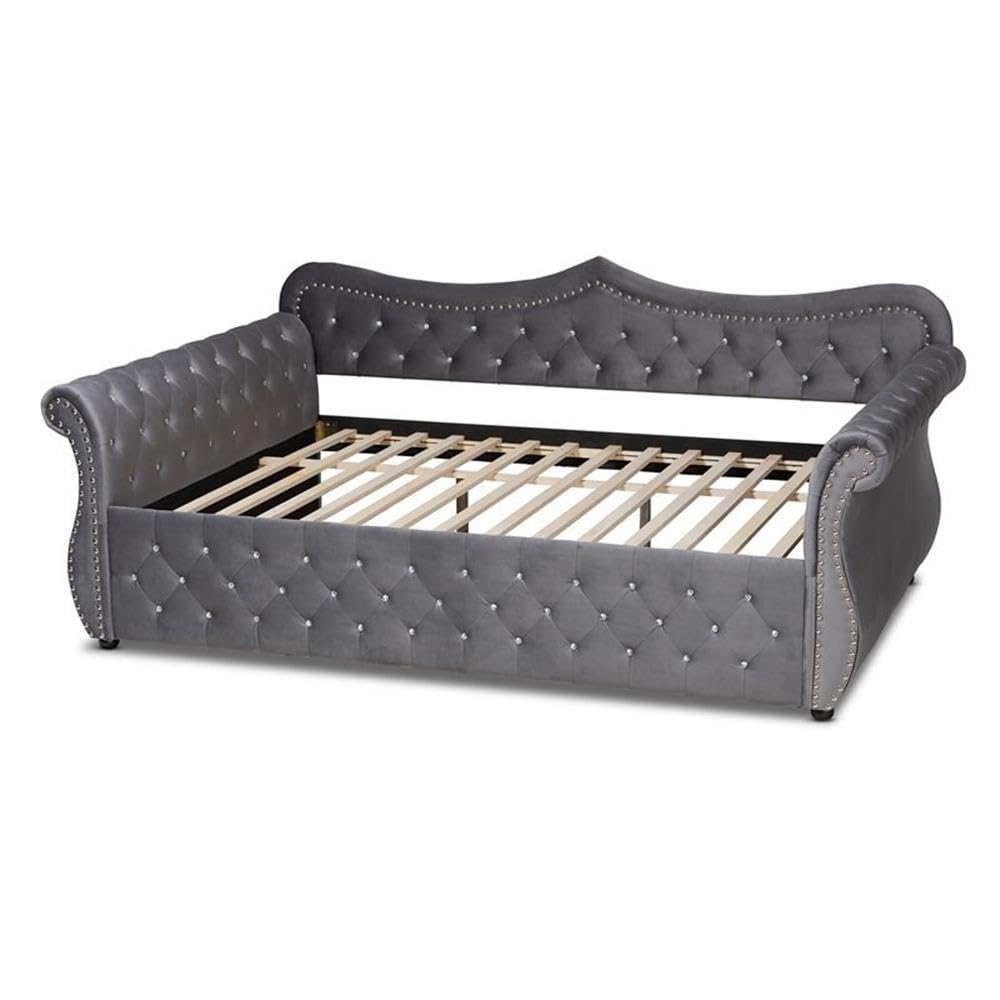 Baxton Studio Abbie Traditional and Transitional Grey Velvet Fabric Upholstered and Crystal Tufted Queen Size Daybed