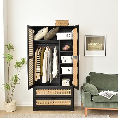 Pine Wood Closet with Rattan Doors and Two Drawers (Black)
