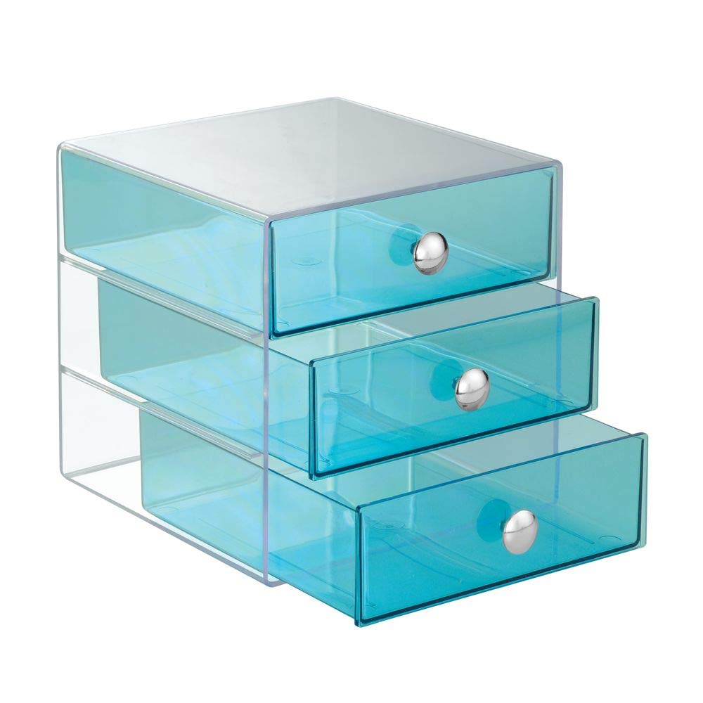 Idesign Bpa-Free Plastic 3-Drawer Vanity Organizer - 6.5' X 6.5' X 6.5', Aqua