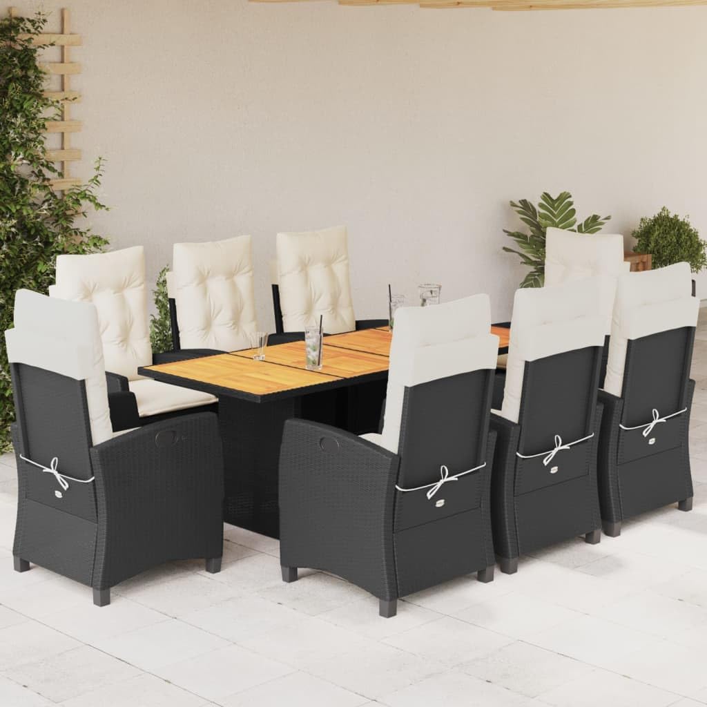 vidaXL 9 Piece Patio Dining Set - Black Poly Rattan w/Cushions - Adjustable Reclining Chairs & Acacia Wood Table - Outdoor/Garden/Backyard/Deck Furniture