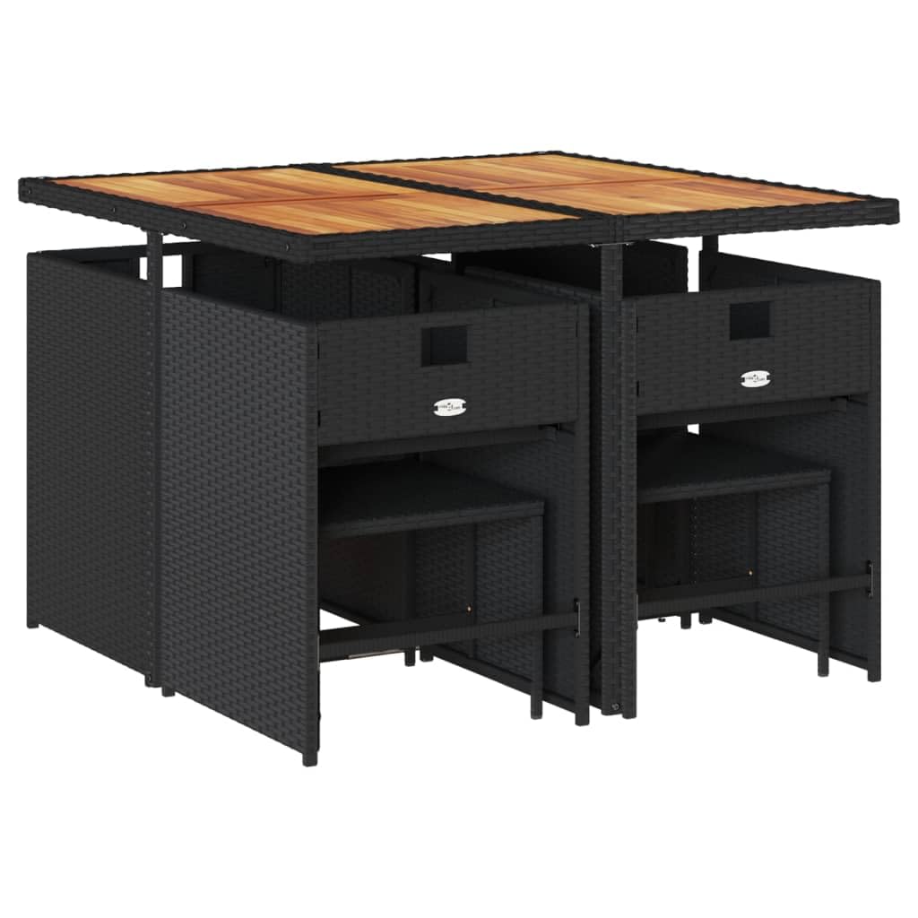 vidaXL Patio Dining Set with Cushions - 9 Piece Black and Cream Poly Rattan Garden Furniture with Acacia Wood Top