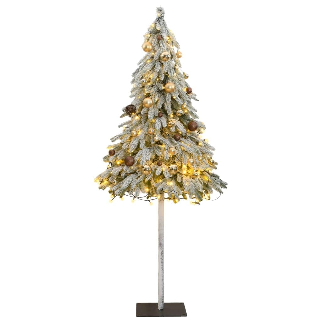 Vidaxl 59.1"" Artificial Christmas Tree With 150 Led Lights And Decorative Ball Set - Flocked Snow, Sturdy Stand, Perfect For Sheltered Outdoor And Indoor Spaces, Gold Ornament Set Included, White