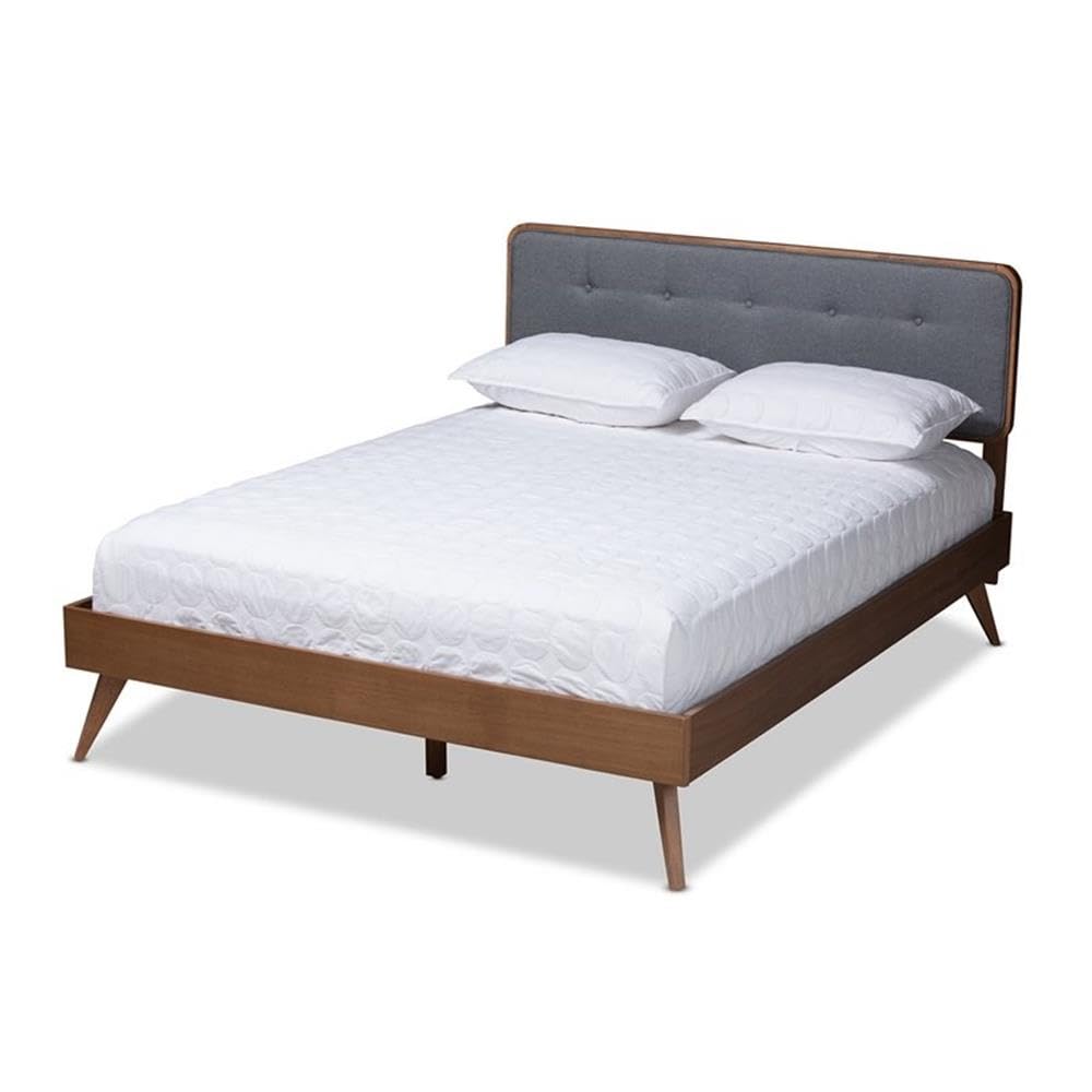 Baxton Studio Dilara Mid-Century Modern Dark Grey Fabric Upholstered Walnut Brown Finished Wood King Size Platform Bed
