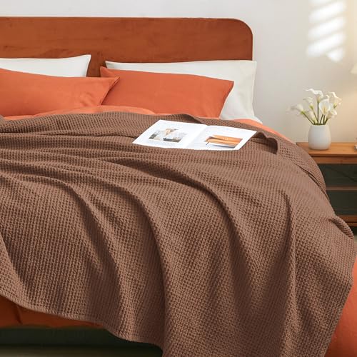 Phf 100% Cotton Waffle Weave Blanket Queen Size 90'X90'-Lightweight Washed Soft Breathable Blanket For All Season - Perfect Blanket Layer For Couch Bed Sofa-Elegant Home Decoration - Cappuccino