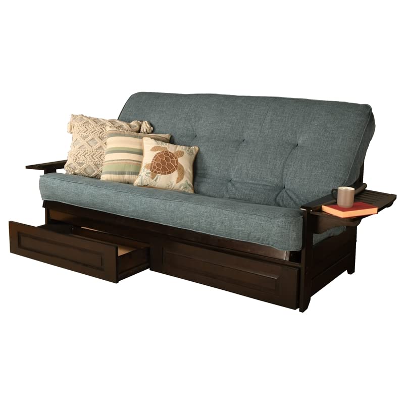 Kodiak Furniture Phoenix Queen Espresso Wood Storage Futon-Aqua Blue Mattress
