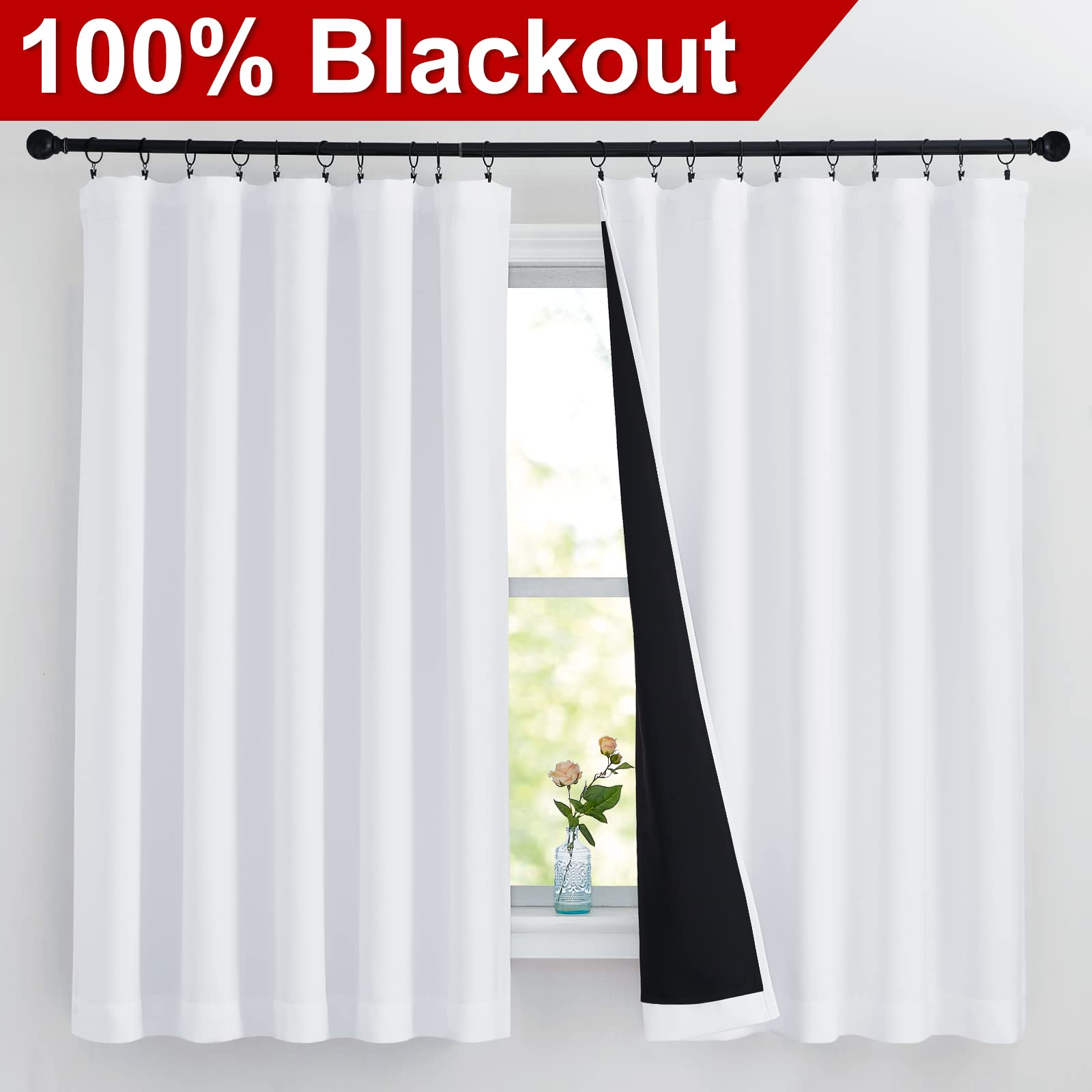 Nicetown White 100% Blackout Curtains For Bedroom, 2 Thick Layers Completely Blackout Rod Pocket Thermal Insulated Drapes For Ki