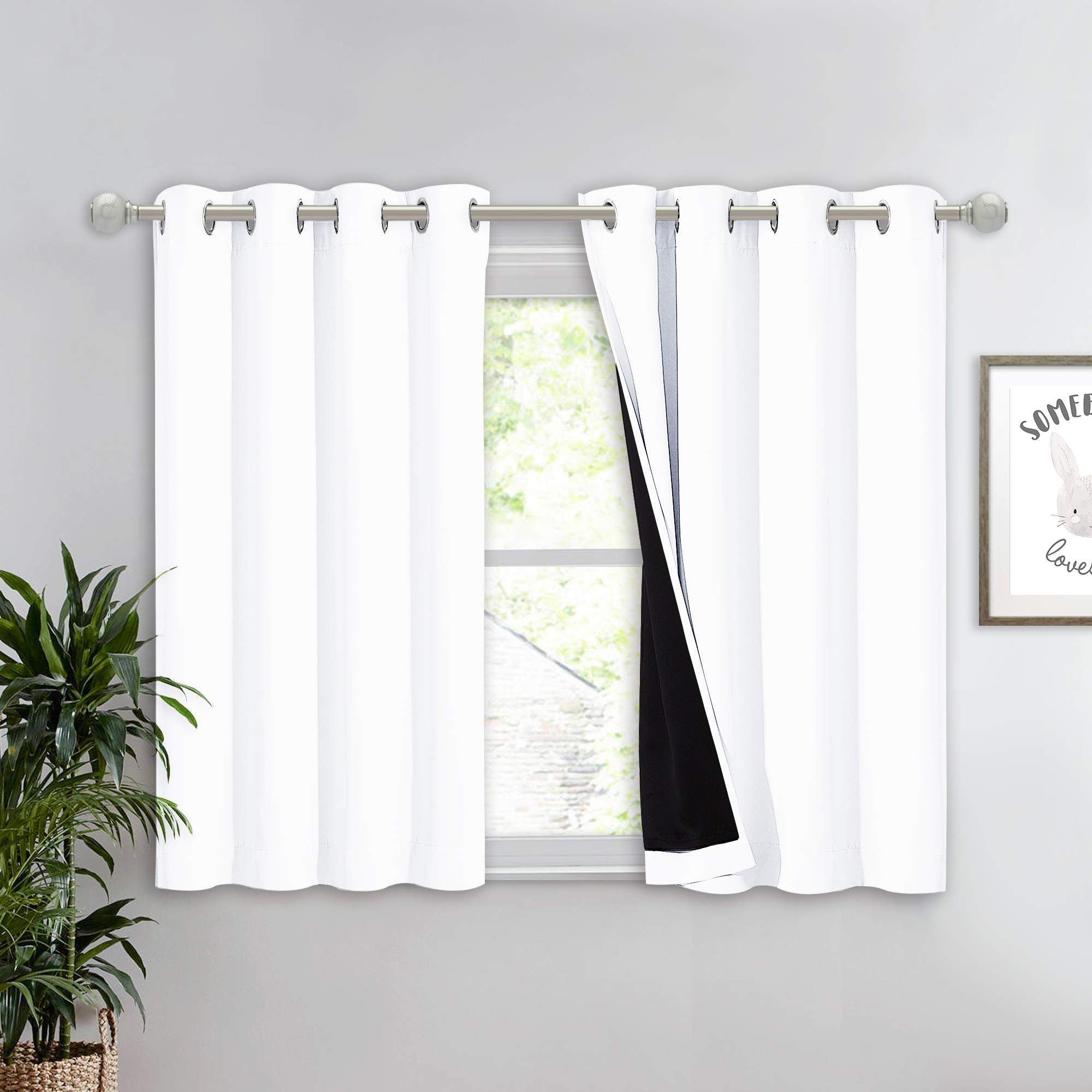 Nicetown White 100% Blackout Curtain 45 Inches Long, 2 Thick Layers Completely Blackout Window Treatment Thermal Insulated Lined