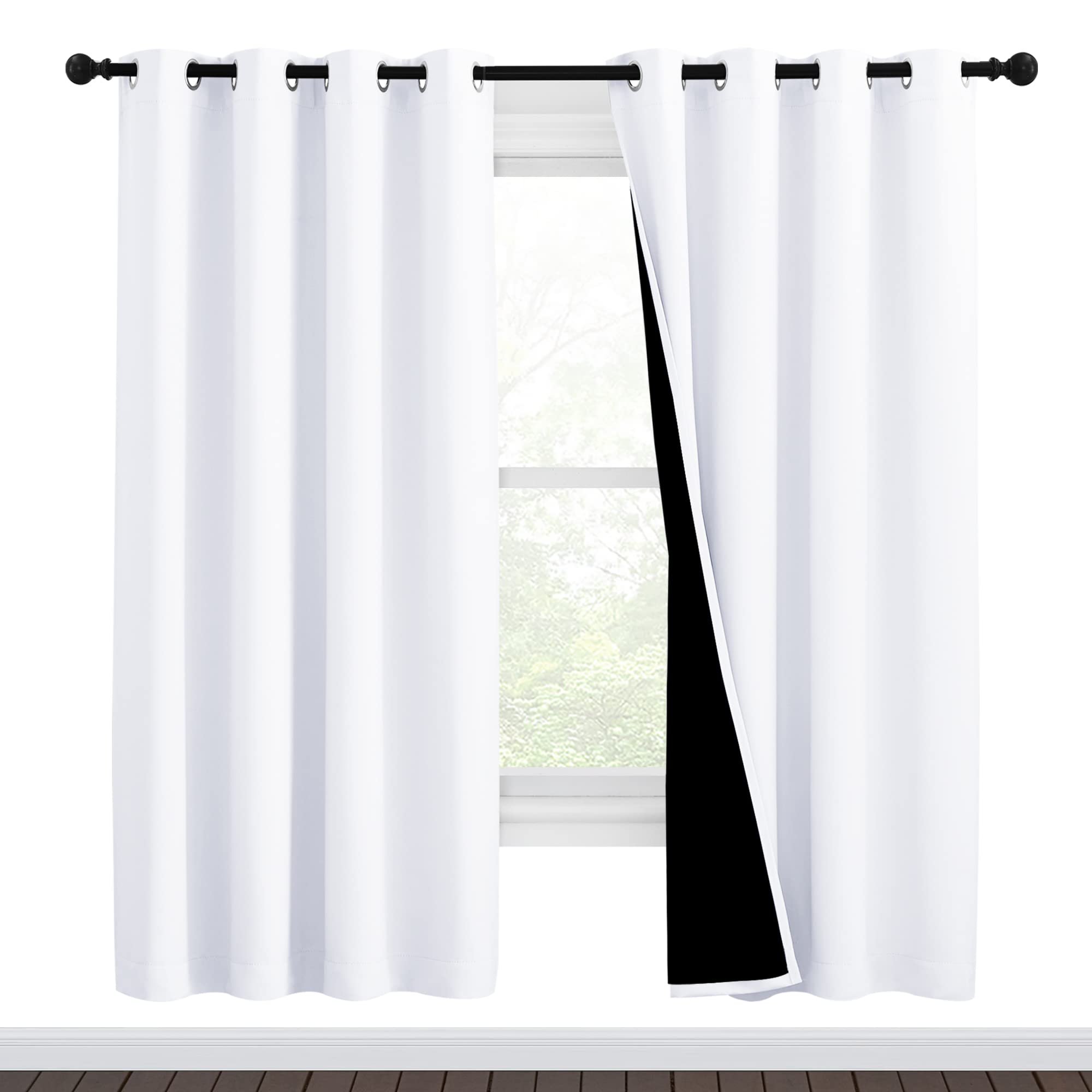 Nicetown White Blackout Curtains 72 Inches Long, Full Light Blocking Drapes With Black Liner For Nursery, Thermal Insulated Drap