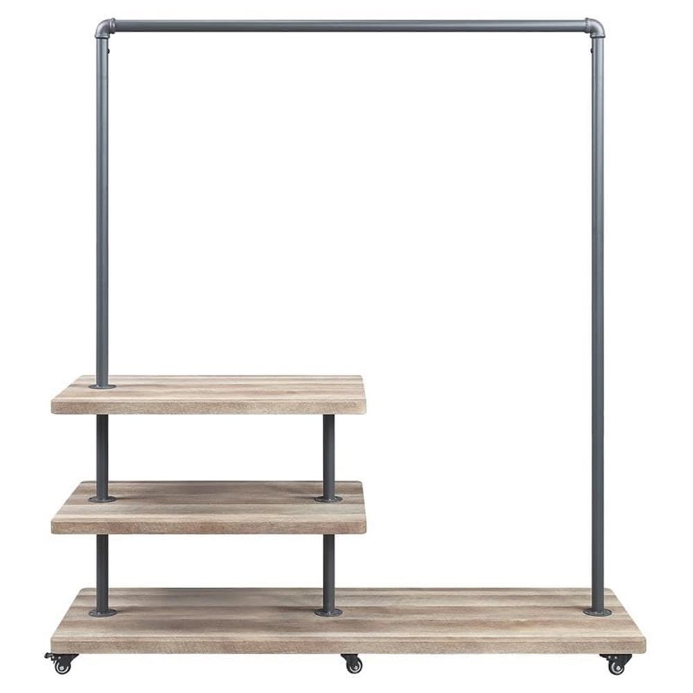 Acme Brantley Metal Hanger Rack with 3 Wooden Tier Shelf in Oak and Sandy Gray