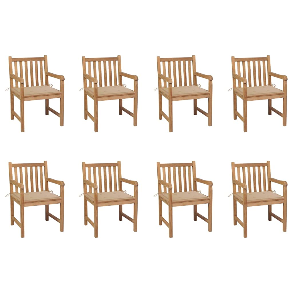 Vidaxl 8X Solid Teak Wood Patio Chairs With Beige Cushions Garden Seating Backyard Outdoor Armchairs Seating Wooden Chairs With Arms