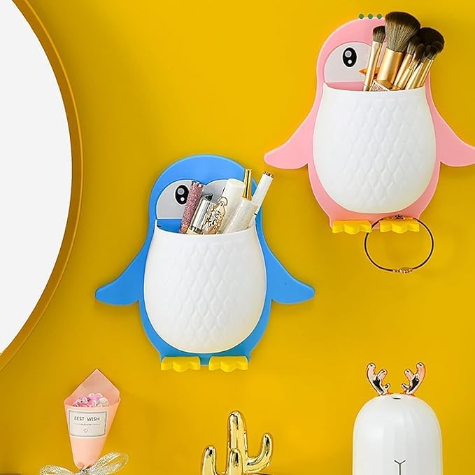 VENJA Toothbrush Holder, Plastic Wall Mounted Penguin Storage Organizer for Bathroom Self Adhesive Penguin Wall Holder Makeup Br