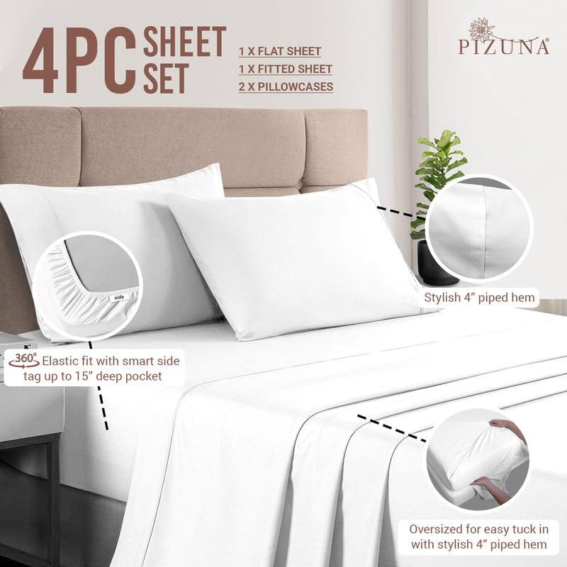 Pizuna Pure 100% Cotton Queen Size Sheet Set White, Luxurious 400 Thread Count Long Staple Cotton Sateen Sheets With 15'' Deep 2