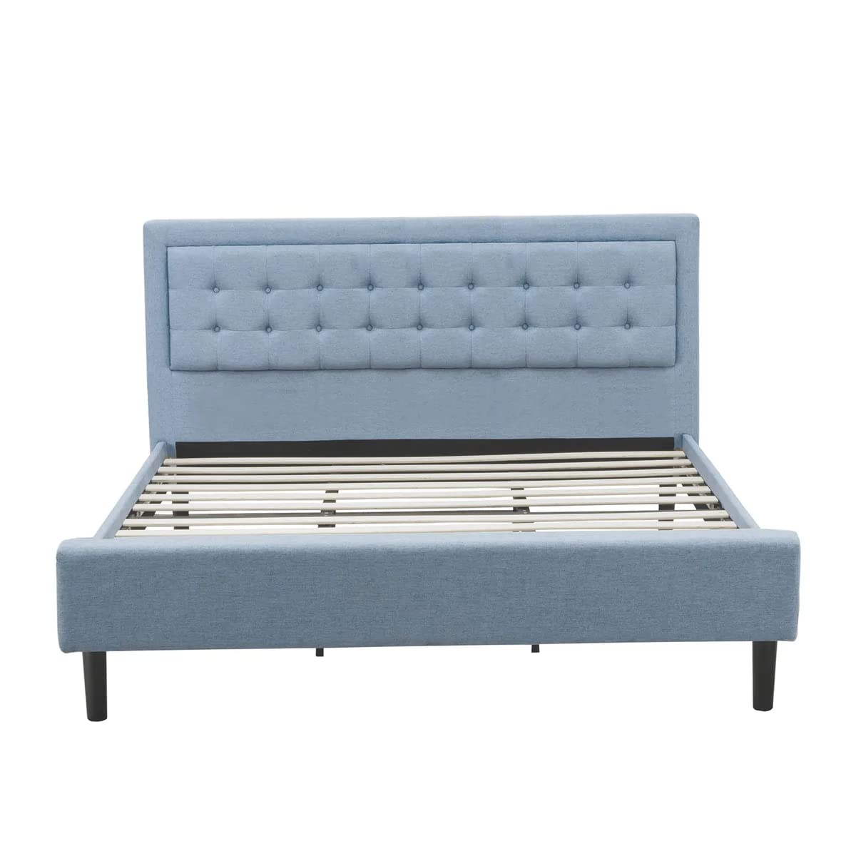 East West Furniture FNF-11-K Platform King Bed Frame - Denim Blue Linen Fabric Upholstered Bed Headboard with Button Tufted Trim Design - Black Legs