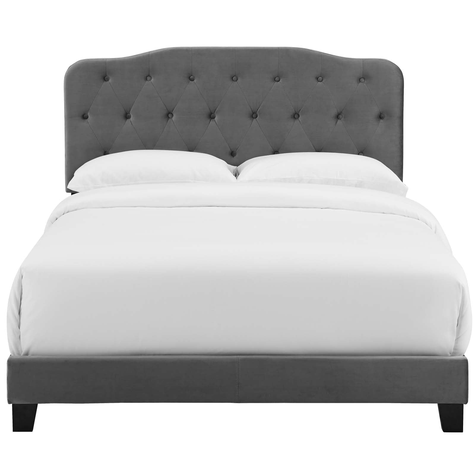 CasaFoyer Amelia Performance Velvet Queen Bed | Luxurious Design | Stain-Resistant | Button-Tufted Headboard | Solid Wood Construction | Non-Marking Legs | Maximum Stability | Elegant Curves | Opulent Appearance | Gray