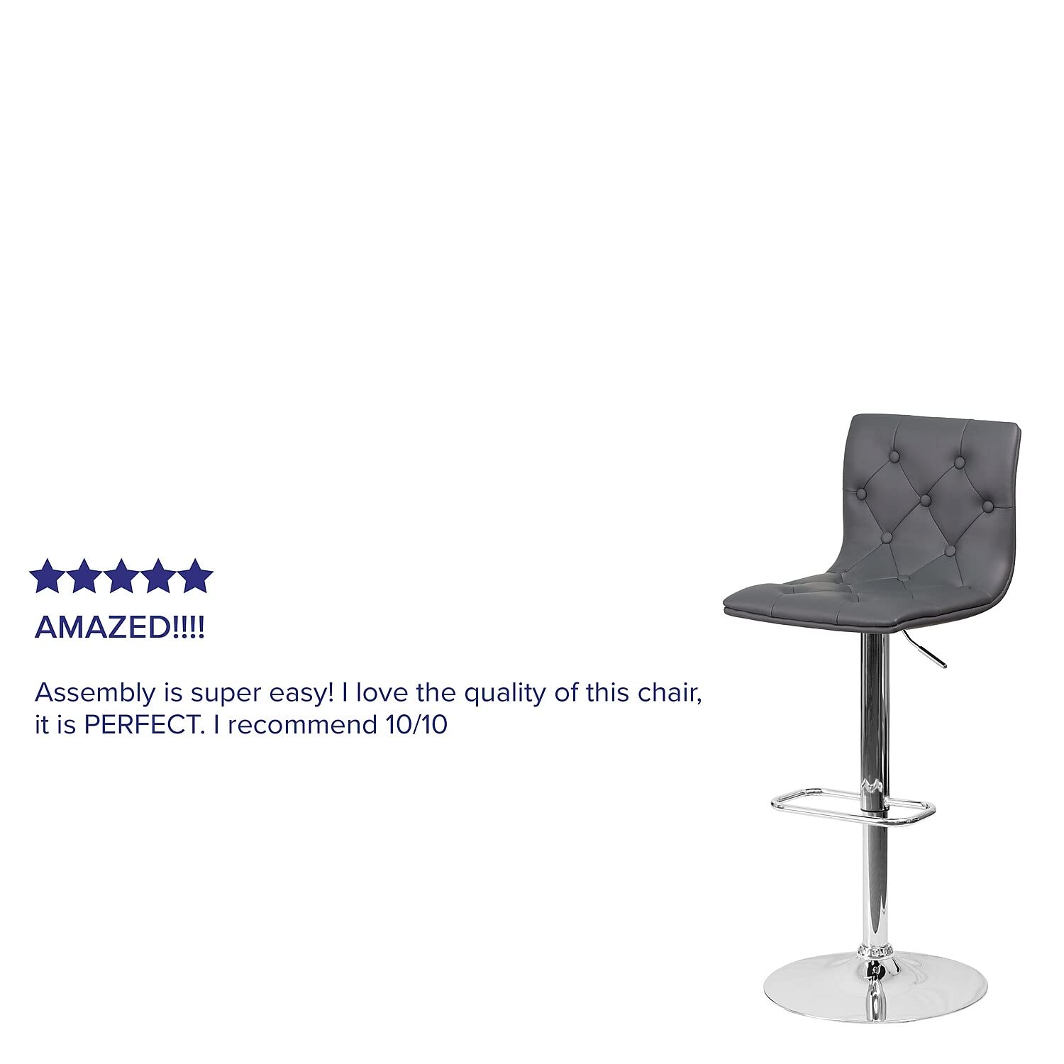 Flash Furniture Contemporary Button Tufted Gray Vinyl Adjustable Height Barstool With Chrome Base