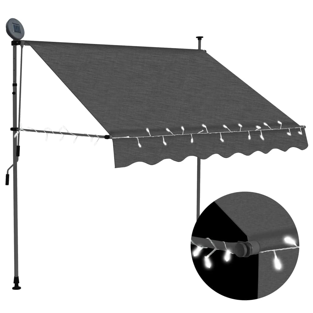 vidaXL Manual Retractable Outdoor Awning with Solar-Powered LED Lights, Weather-Resistant Canopy with PU Coated Polyester Fabric, Steel Frame - 59.1&quot; Width, Anthracite