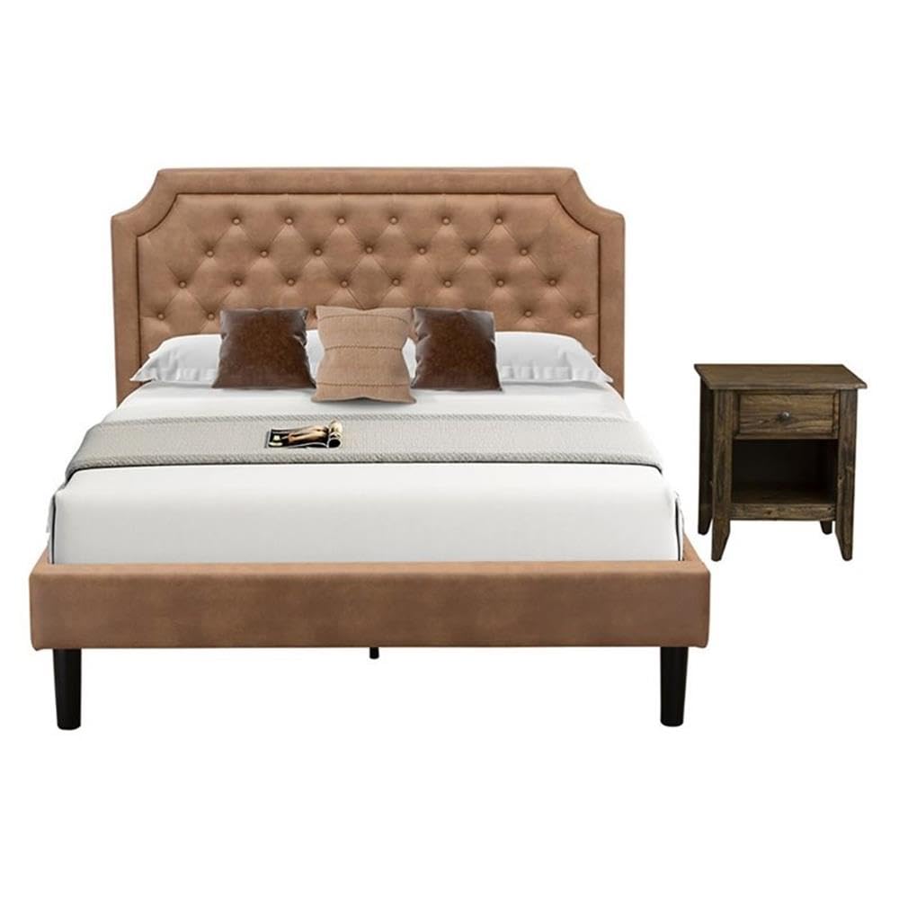 East West Furniture GB28Q-1GA07 2-Pc Granbury Queen Bed Set Furniture with Button Tufted Wood Bed Frame and 1 Distressed Jacobean Nightstand - Brown Faux Leather with Brown Texture and Black Legs
