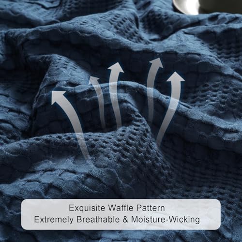 Phf Cooling Waffle Blanket Queen Size, Lightweight 60% Rayon Derived From Bamboo & 40% Cotton Breathable Blanket For Hot Sleepers, Soft And Luxury For Bed Couch And Sofa, 90'X90', Navy Blue