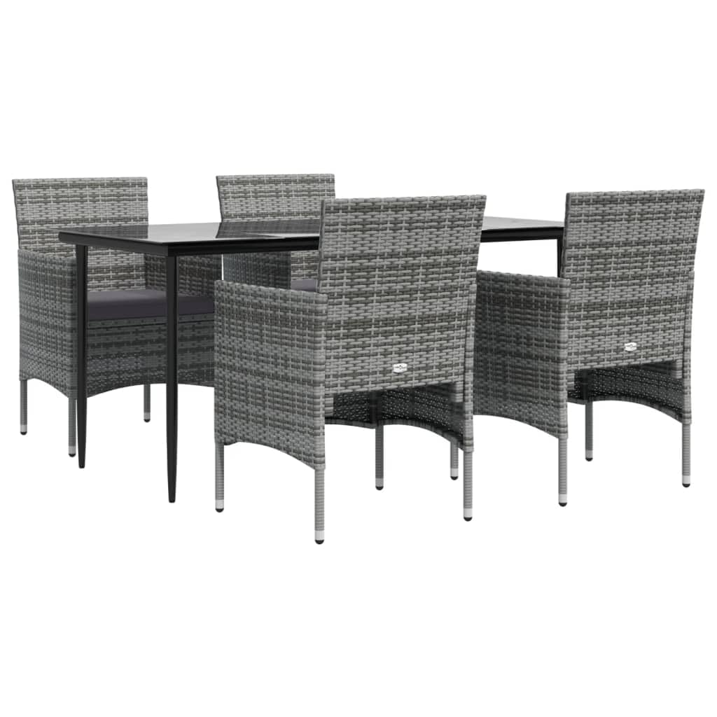 vidaXL 5-Piece Patio Dining Set with Cushions - Weather-Resistant PE Rattan Material, Steel Frame, Tempered Glass Tabletop, Comfortable Arm Chairs- Gray and Black