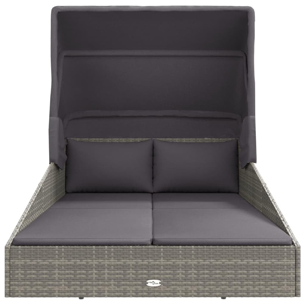 vidaXL Modern Sunbed with Foldable Roof in Gray Poly Rattan – Weather Resistant, Easy-to-Clean Garden Lounge Bed with Removable, Washable Cushion Covers