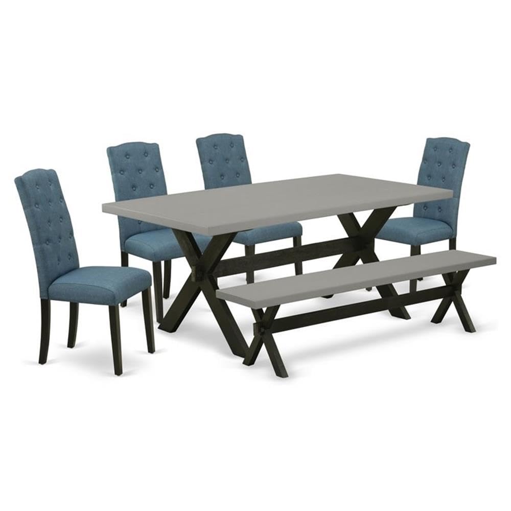 East West Furniture X697Ce121-6 6 Piece Dining Table Set Contains A Rectangle Wooden Table With X-Legs And 4 Mineral Blue Linen Fabric Parson Chairs With A Bench, 40X72 Inch, Multi-Color