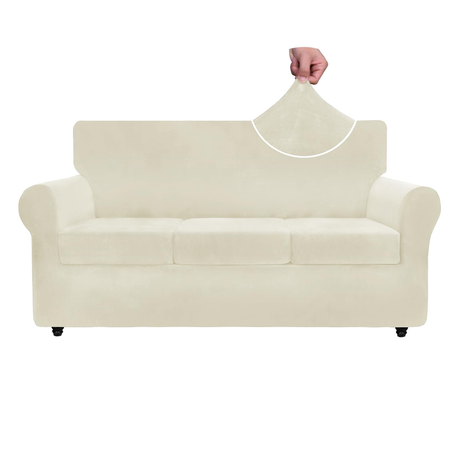 Znsayotx Luxury Velvet Couch Cover 4 Piece Stretch Sofa Covers For 3 Cushion Couch Thick Soft Spandex Sofa Slipcover Living Room Anti Slip Dogs Furniture Protector (Beige), 71'-91'(3 Cushions)