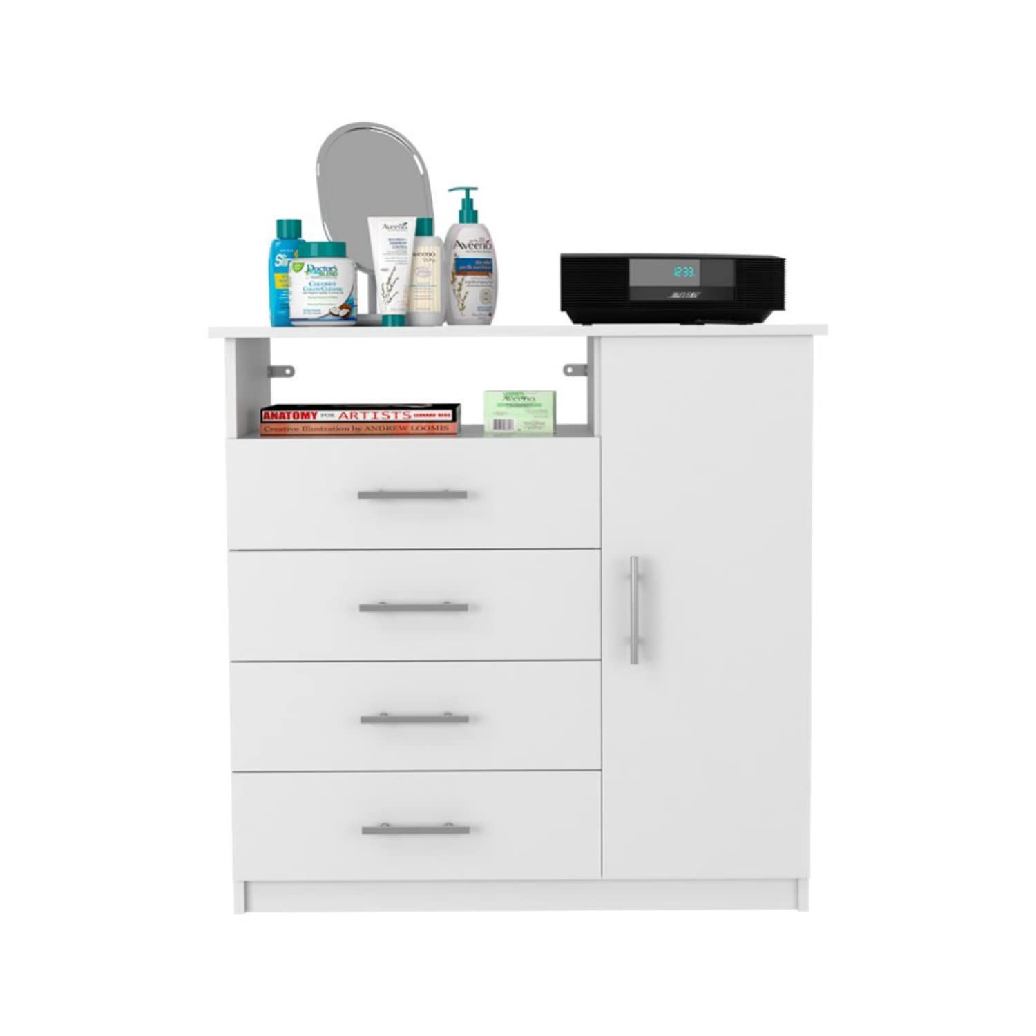 Depot E-Shop Rioja Modern Dresser with Four Drawers, One Open Shelf - White