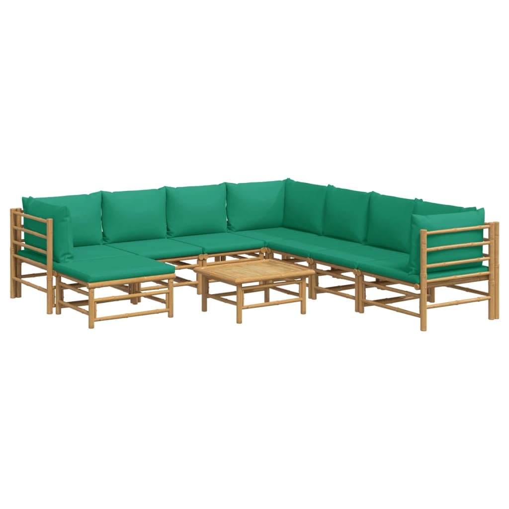 vidaXL Patio Lounge Set, 9 Piece Bamboo Outdoor Furniture Set with Comfortable Green Cushions, Sturdy Table, Versatile and Adjustable Configurations, Easy Assembly