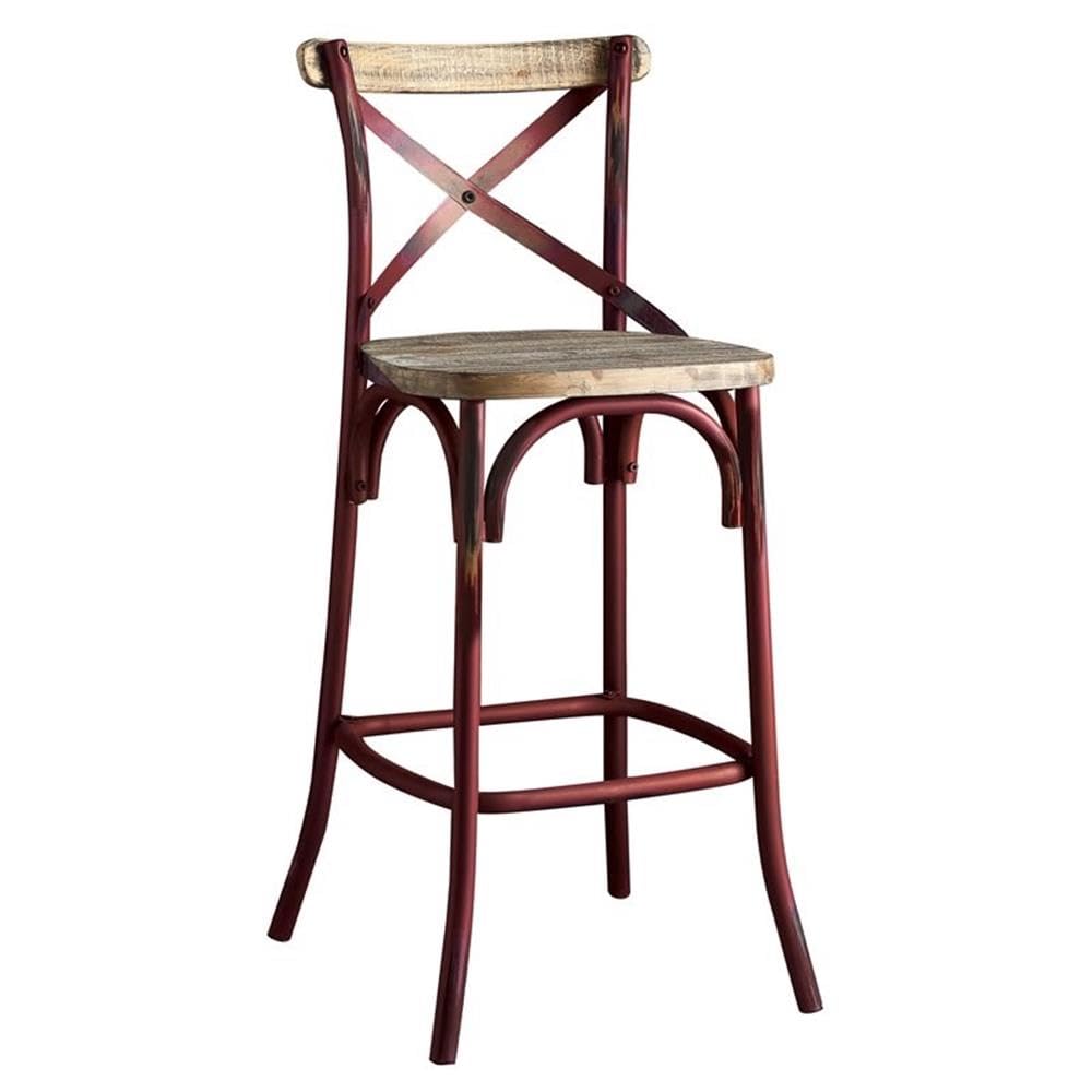 Acme Zaire Armless Bar Stool with Wooden Seat in Antique Red and Antique Oak