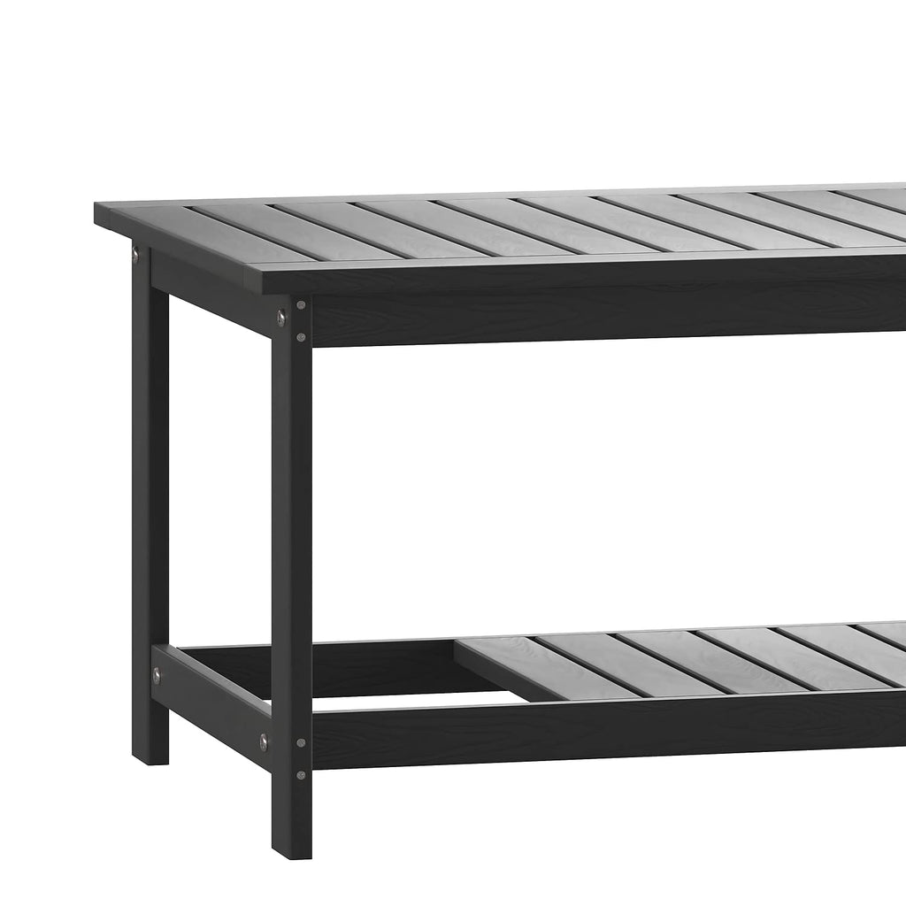 Flash Furniture Charlestown Two Tiered Commercial Grade Adirondack Coffee Table - Black Finish Poly Resin Wood - All-Weather - Slatted Shelf Design
