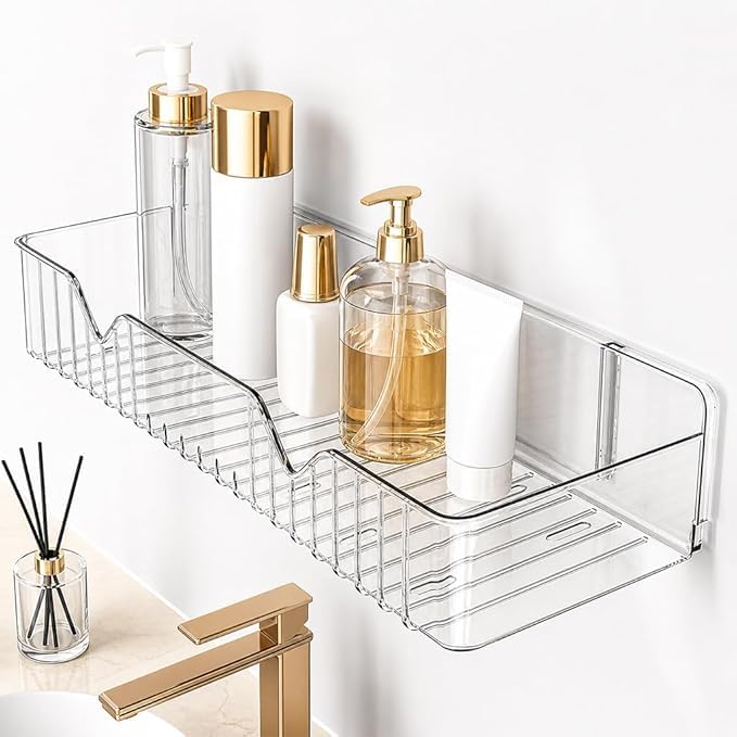 AEXONIZ TOYS Transparent Acrylic Bathroom Shelf | NoDrill Wall Mounted Bathroom Organizer for Shampoo, Conditioner & Skincare |