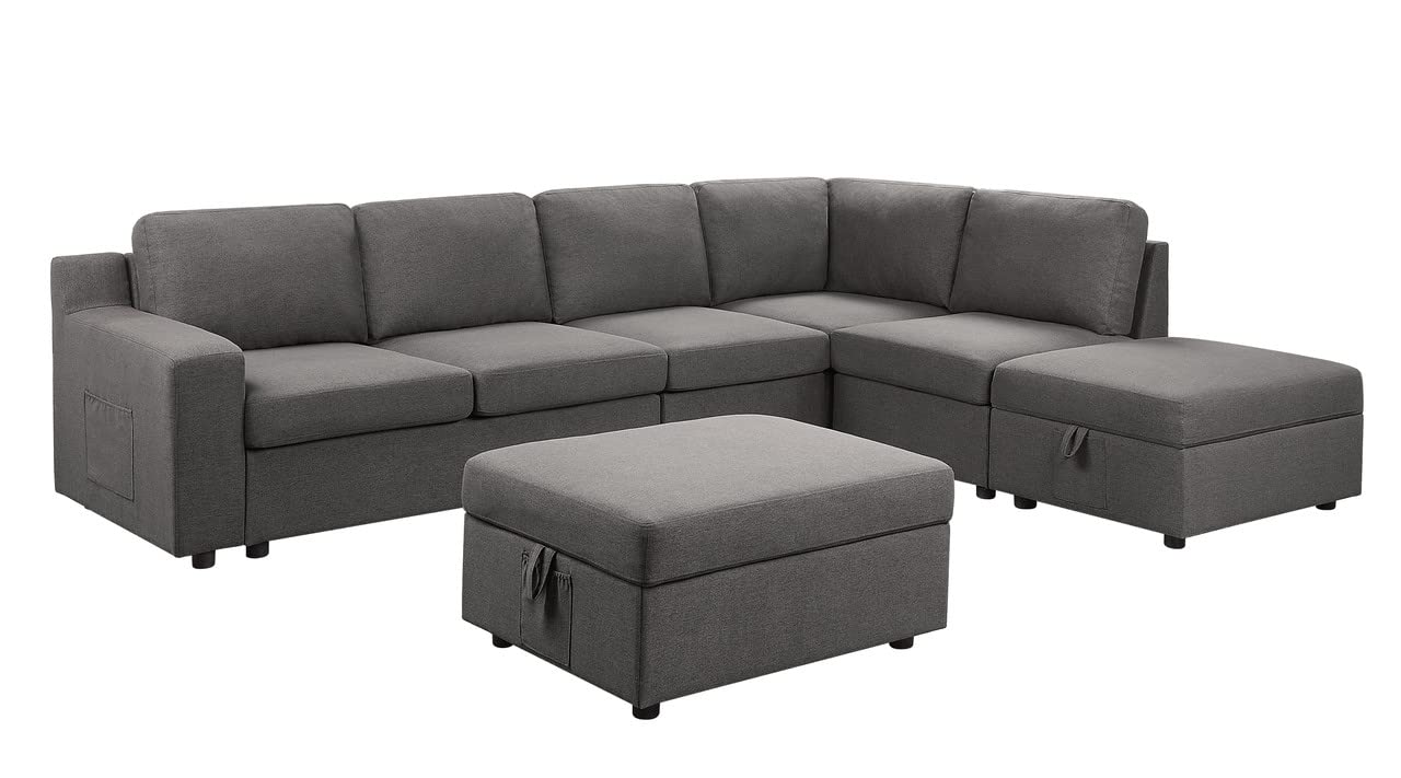 Lilola Home Waylon Gray Linen 6-Seater L-Shape Sectional Sofa - Thumbnail 5