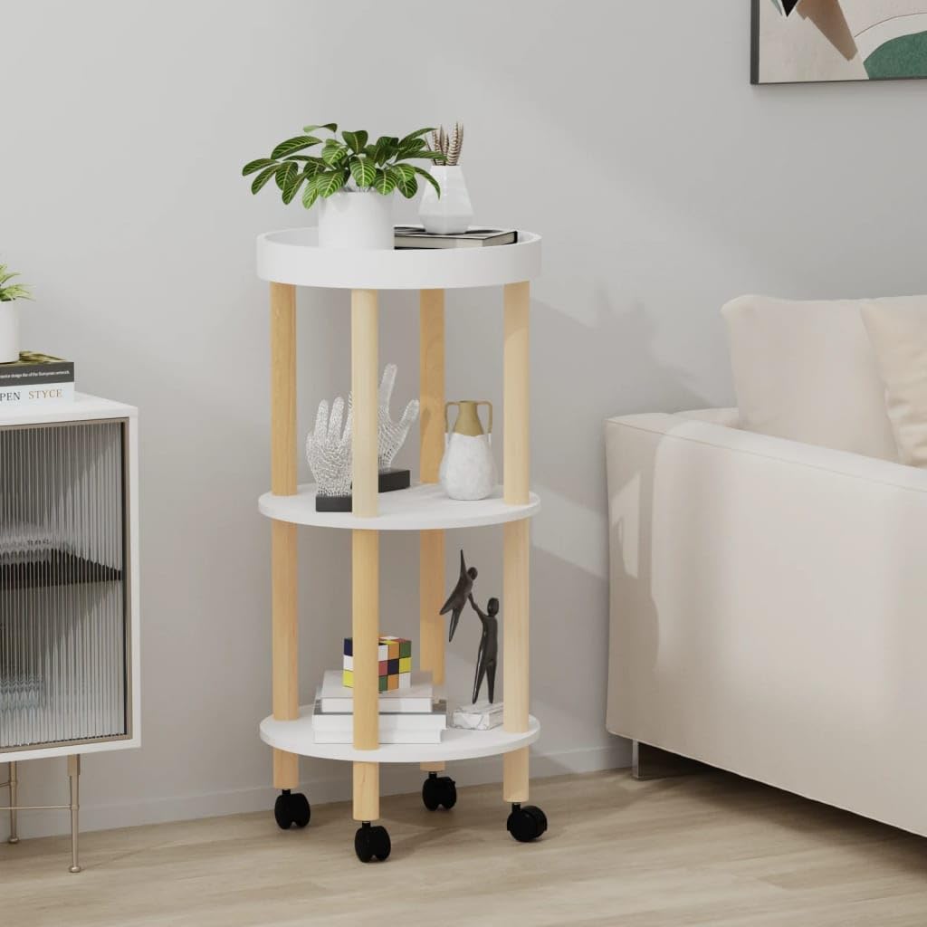 vidaXL Scandinavian 3-Tier Rolling Trolley - White, 15x15x32.3, Engineered Wood and Solid Pine, Mobile Storage Cart with Lockable Wheels