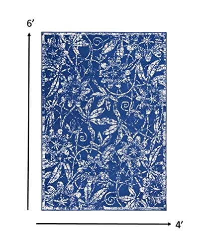 HomeRoots 100% Polypropylene 4’ x 6’ Navy and Ivory Floral Vines Area Rug