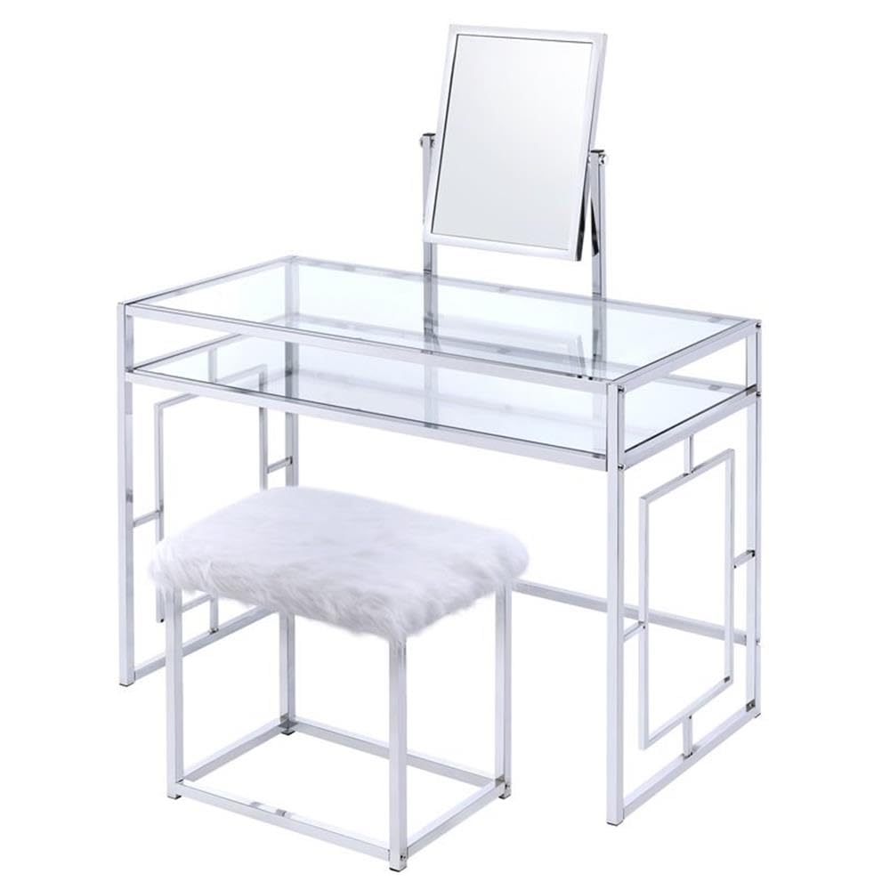 Acme Josh Metal Frame Vanity and Stool in White and Chrome