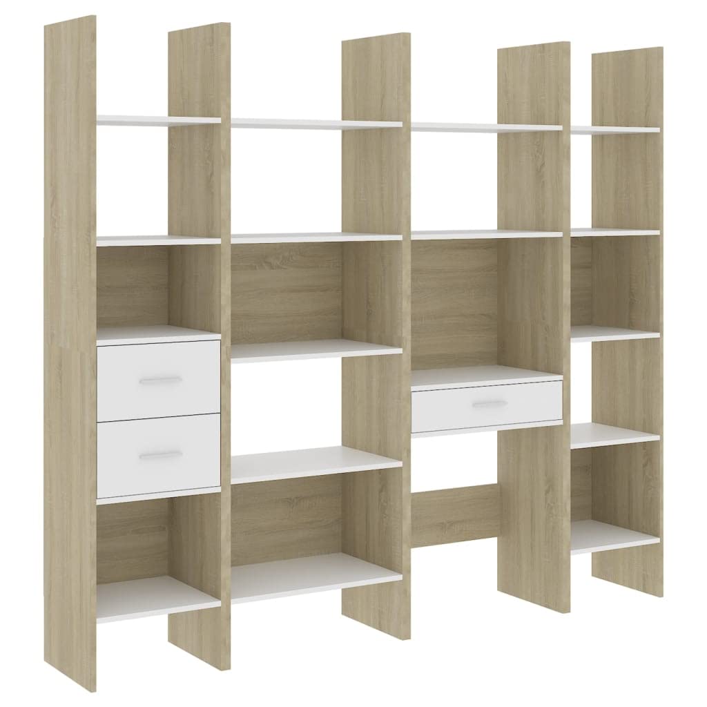 vidaXL Bookshelf, Book Cabinet Open Shelf Bookcase, Wall Bookshelf for Office Living Room, Shelving Unit, Modern, White and Sonoma Oak Engineered Wood