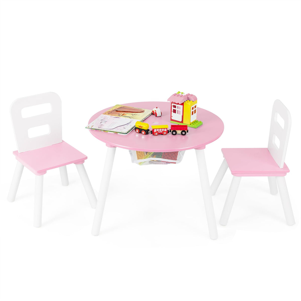 HONEY JOY Kids Table and Chair Set, Wooden Children Activity Table and 2 Chairs for Art & Craft, Storage Mesh Basket, 3-Piece To