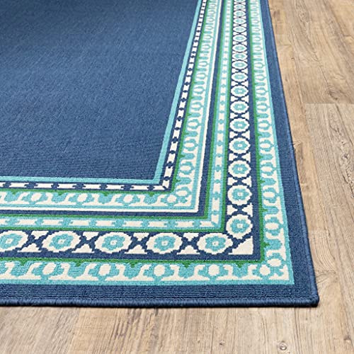 HomeRoots Polypropylene 8’ Round Navy and Green Geometric Indoor Outdoor Area Rug
