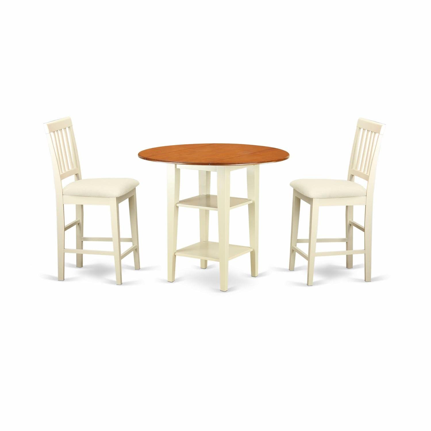 East West Furniture Suvn3H-Bmk-C 3 Piece Counter Set For Small Spaces Contains A Round Dining Table With Dropleaf & Shelves And 2 Linen Fabric Upholstered Chairs, 42X42 Inch, Buttermilk & Cherry