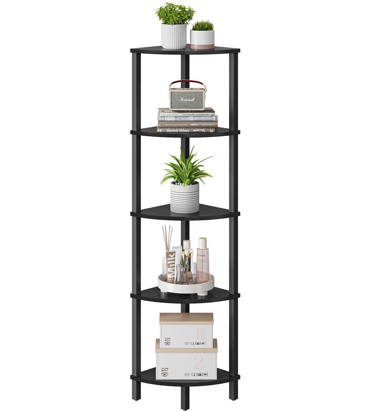 VIMBER Corner Shelf, 5-Tier Corner Bookshelf, Industrial Corner Ladder Shelf, Modern Display Shelf for Living Room, Bedroom, Kit
