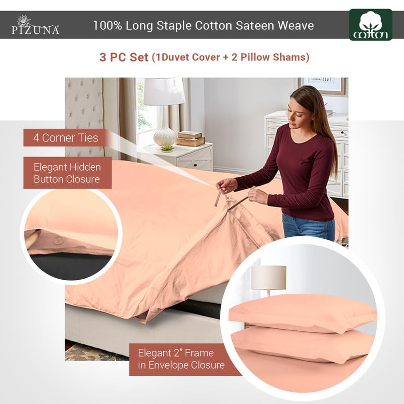 Pizuna Pure 100% Cotton King Duvet Cover Set, Luxurious 400 Thread Count Long Staple Cotton Sateen Weave With Button Closure (Co